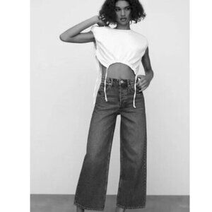 ZARA DENIM JEANS HI-RISE WIDE-LEG CROPPED JEANS GREY 00, 24 x 21